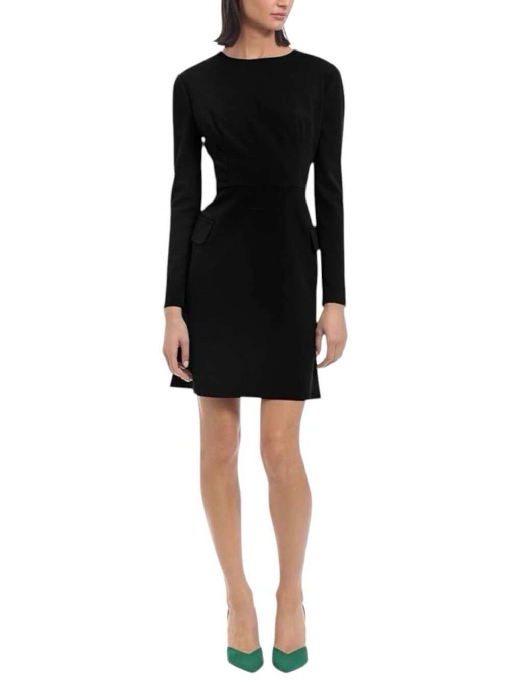 Donna Morgan Long Sleeve Black Sheath Dress Size 10 Petite Flap Pockets Career